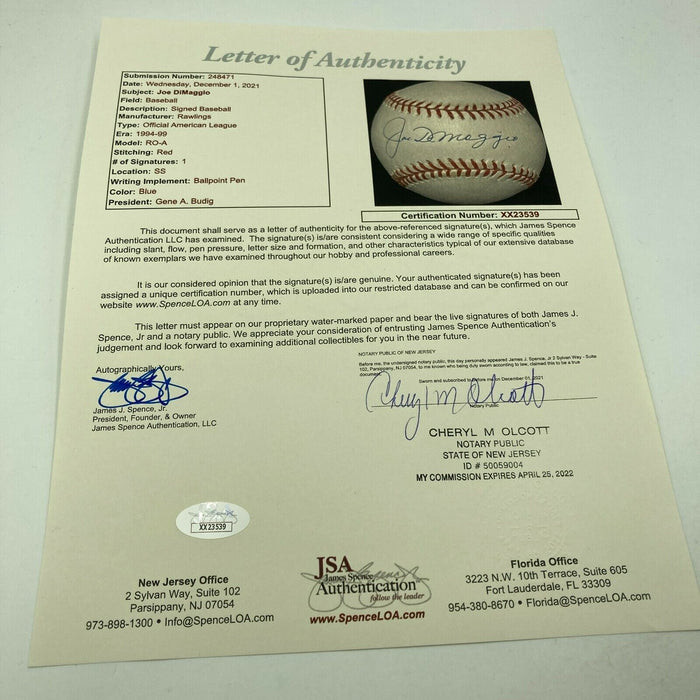 Beautiful Joe Dimaggio Signed Official American League Baseball With JSA COA