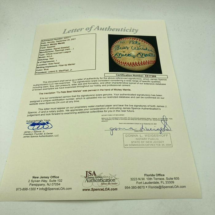 Mickey Mantle Signed Vintage American League Baseball "To Pete" JSA COA