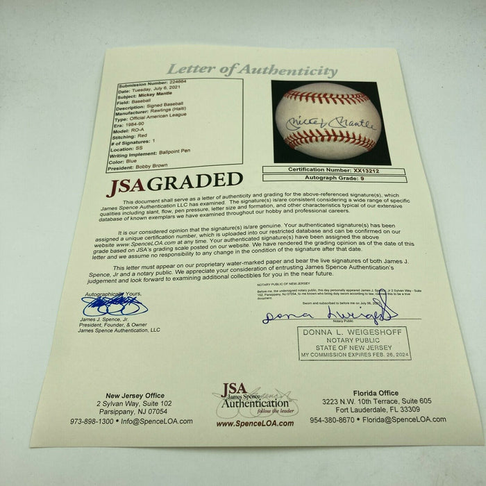 Beautiful Mickey Mantle Signed American League Baseball JSA Graded MINT 9