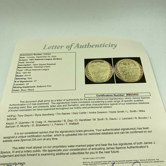 1987 All Star Game Team Signed Baseball Gary Carter Tony Gwynn JSA COA