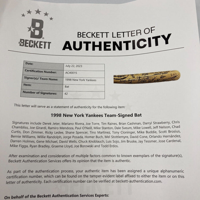 The Finest 1998 New York Yankees Team Signed Bat 42 Sigs Derek Jeter Beckett COA