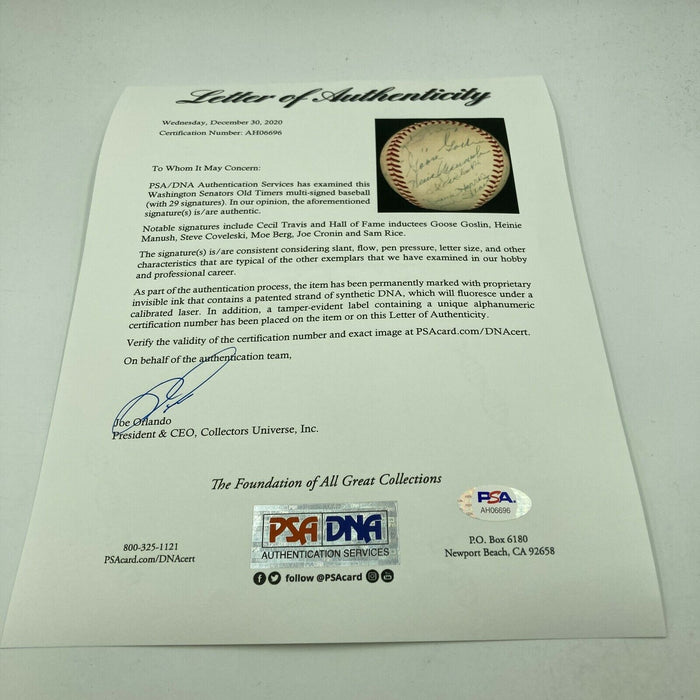 Moe Berg Goose Goslin Sam Rice Washington Senators Legends Signed Baseball PSA