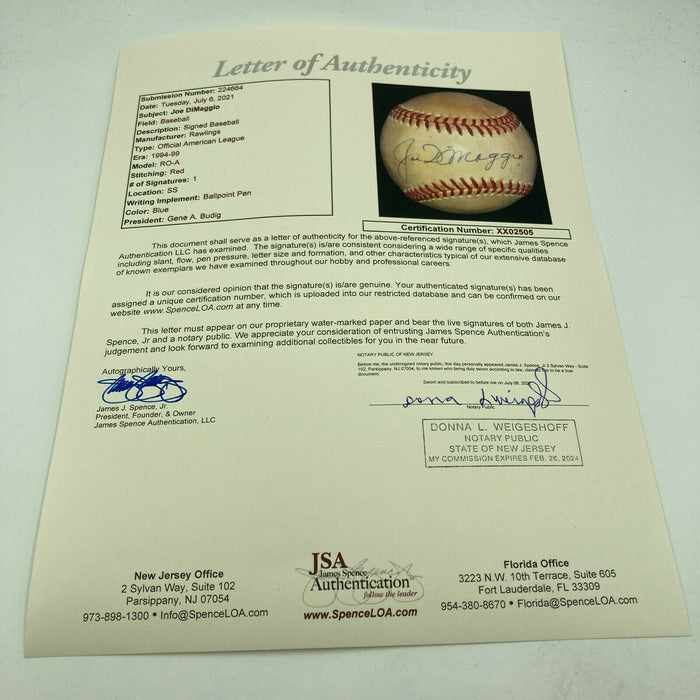 Joe Dimaggio Signed Autographed Official American League Baseball JSA COA