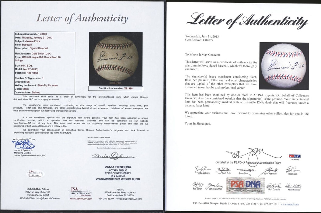 Beautiful Jimmie Foxx Single Signed Baseball 1926 Rookie Sig PSA DNA & JSA COA
