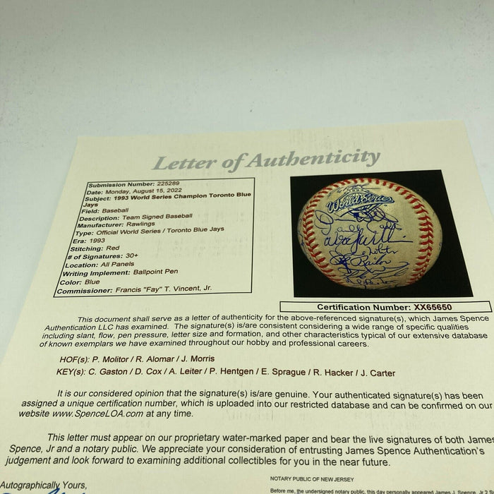 1993 Toronto Blue Jays World Series Champs Team Signed W.S. Baseball JSA COA