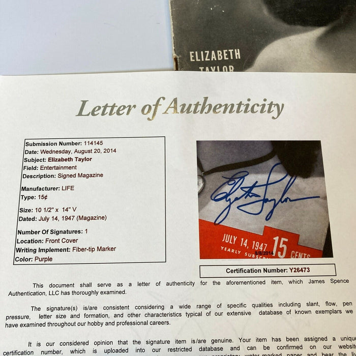 Elizabeth Taylor Signed Autographed 1947 Life Magazine With JSA COA