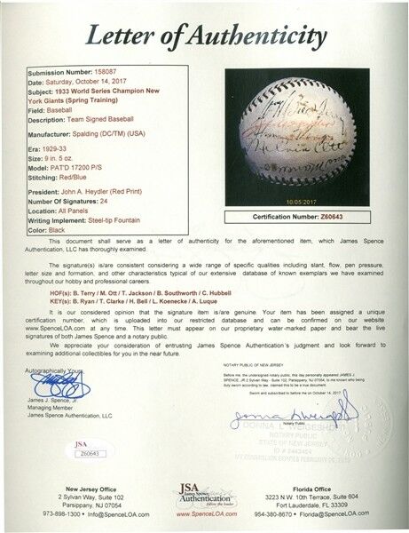 The Finest 1933 NY Giants World Series Champs Team Signed Baseball Mel Ott JSA