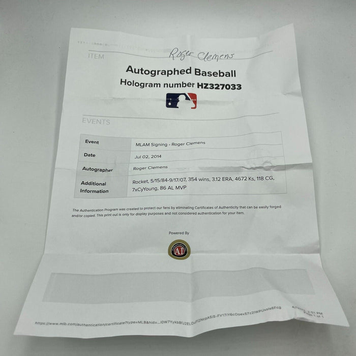 Roger Clemens Signed Heavily Inscribed STAT Baseball MLB & Tristar Holograms