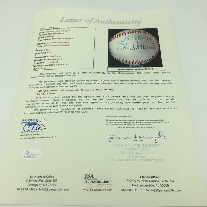 Willie Mays Hank Aaron Carl Yastrzemski Stan Musial MVP's Signed Baseball JSA