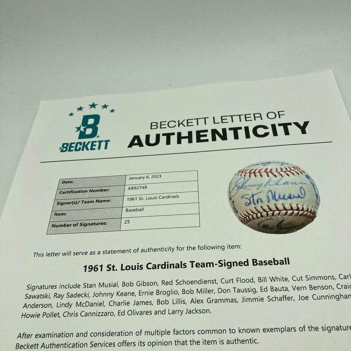 1961 St. Louis Cardinals Team Signed Baseball 25 Sigs Stan Musial Beckett COA