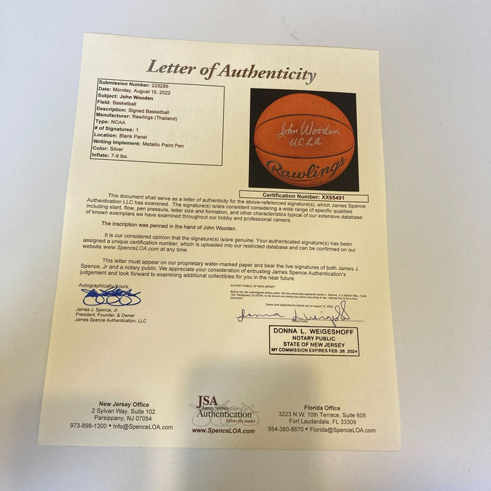 John Wooden "UCLA" Signed Rawlings NCAA Basketball JSA COA
