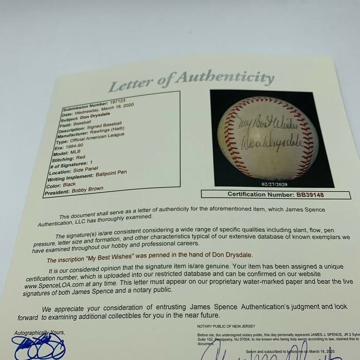Don Drysdale "My Best Wishes" Signed American League Baseball With JSA COA
