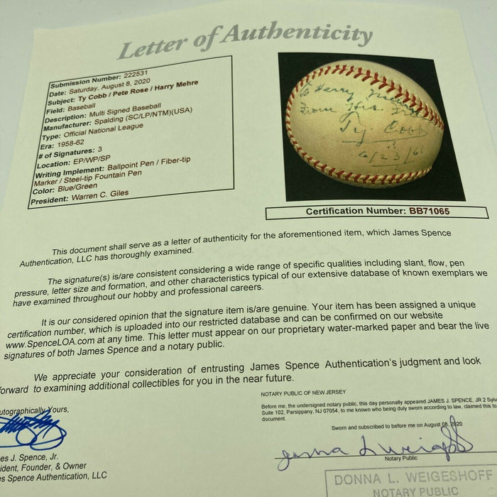 Beautiful Ty Cobb Signed Baseball One Of The Last He Ever Signed JSA COA