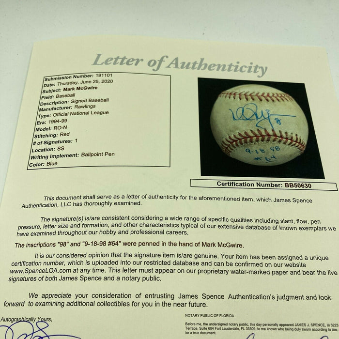 Historic Mark Mcgwire Signed 64th Home Run Game Used Baseball 9-18-1998 JSA COA