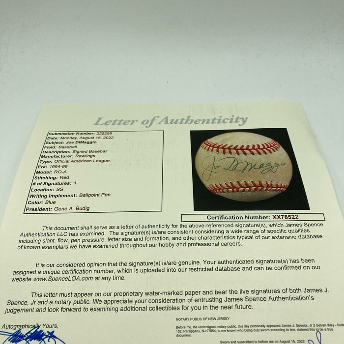 Joe Dimaggio Signed Official American League Baseball JSA COA