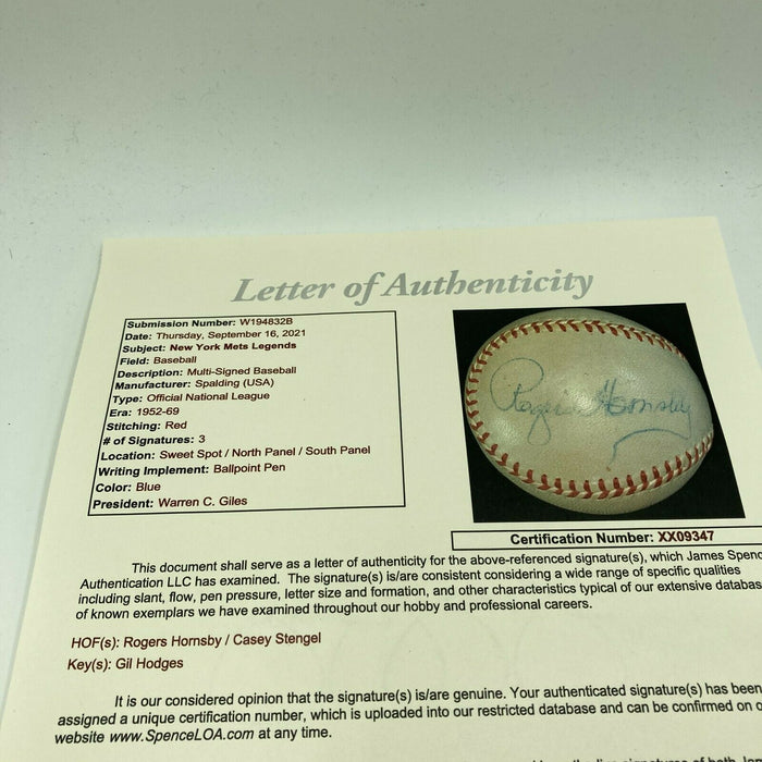 Rogers Hornsby Gil Hodges Casey Stengel Signed National League Baseball JSA COA
