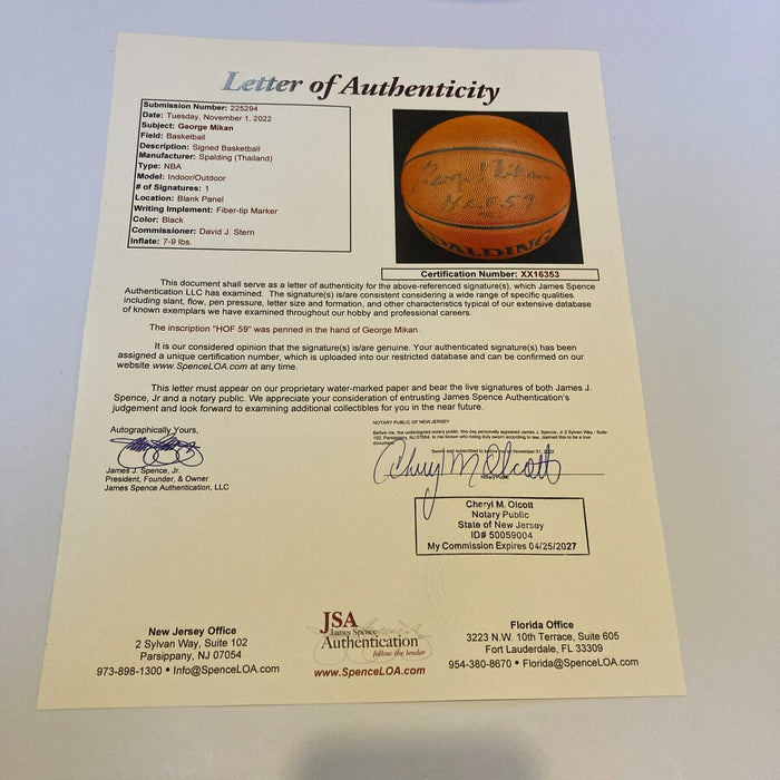 George Mikan HOF 1959 Signed Spalding NBA Basketball JSA COA