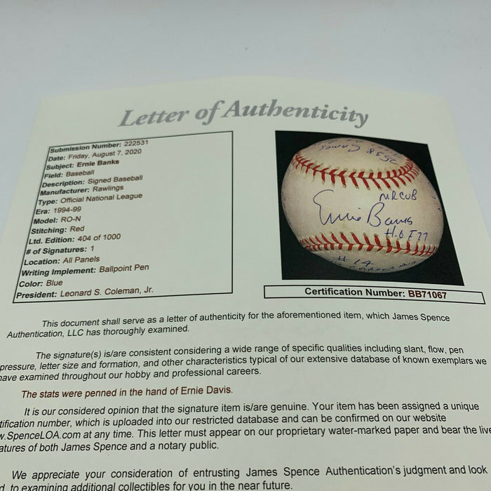 Beautiful Ernie Banks Signed Autographed Heavily Inscribed STAT Baseball JSA COA