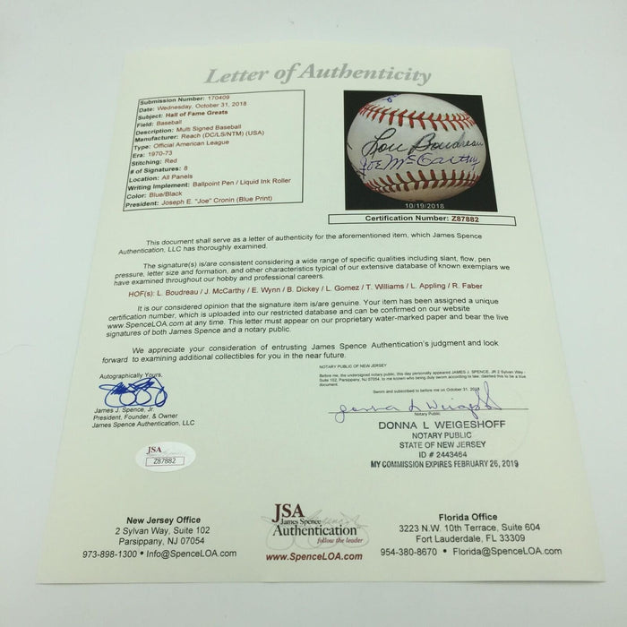 Vintage Red Faber Joe Mccarthy Ted Williams Hall Of Fame Signed Baseball JSA COA