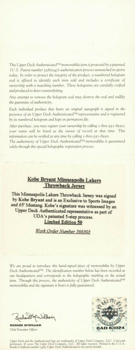 Kobe Bryant Signed Autographed Los Angeles Lakers Throwback Jersey UDA COA 31/50
