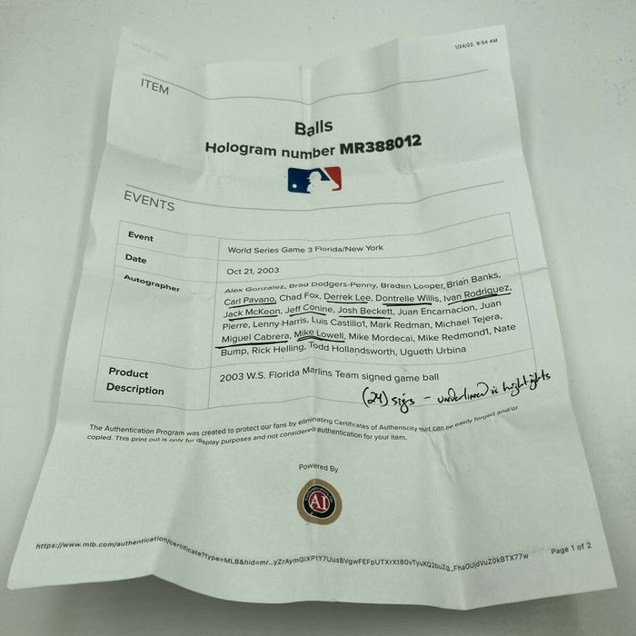 2003 Florida Marlins World Series Champs Team Signed W.S. Baseball MLB Auth