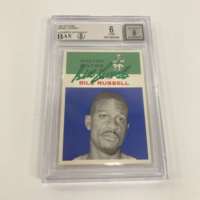 1961-62 Fleer #38 Bill Russell Signed Card BGS EX-MT 6, Beckett 8 Auto
