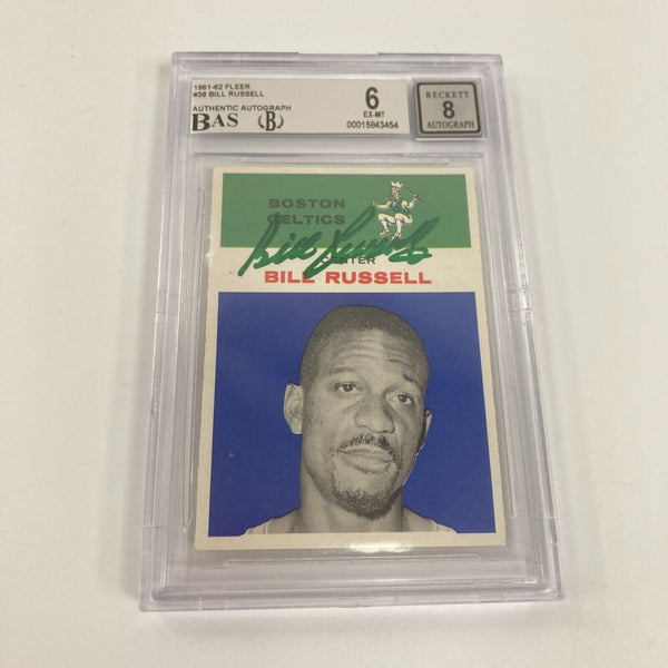 1961-62 Fleer #38 Bill Russell Signed Card BGS EX-MT 6, Beckett 8 Auto