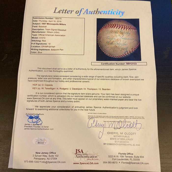 1957 Minneapolis Millers Team Signed Baseball Orlando Cepeda Pre Rookie JSA COA