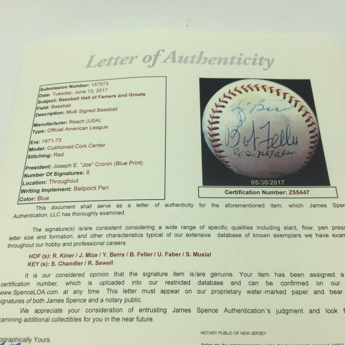Urban Red Faber Stan Musial Yogi Berra Spud Chandler Signed AL Baseball JSA COA