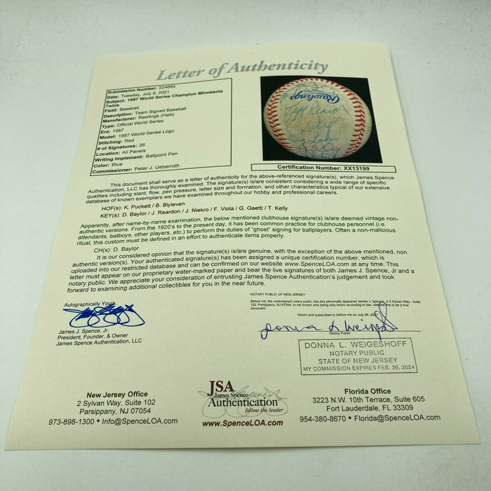 1987 Minnesota Twins World Series Champs Team Signed Baseball Kirby Puckett JSA