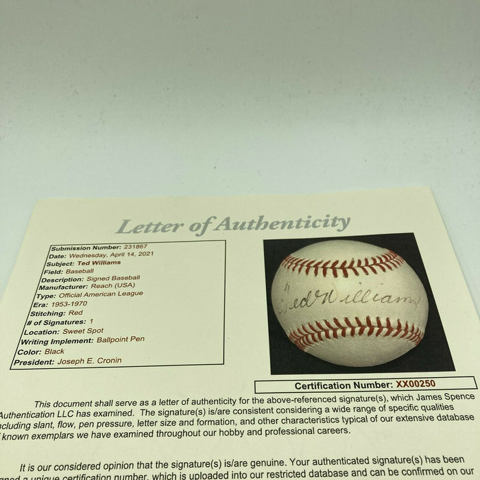  Ted Williams Signed Vintage Official American League Joe Cronin  Baseball JSA COA - Autographed Baseballs : פריטי אספנות ואמנות