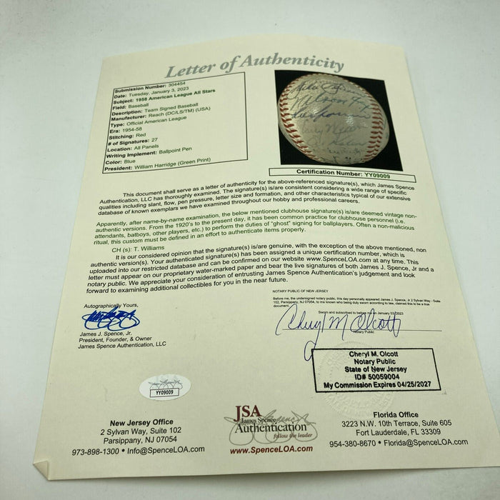 Mickey Mantle 1958 All Star Game Team Signed American League Baseball JSA COA