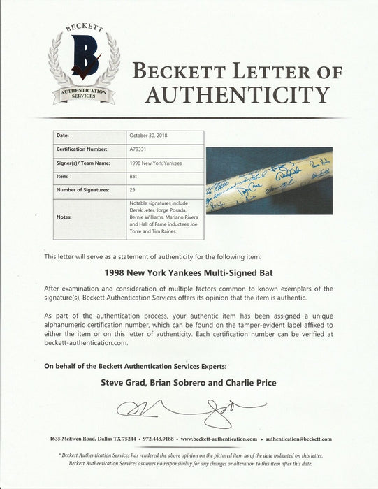 1998 NY Yankees WS Champs Team Signed Bat Derek Jeter Mariano Rivera Beckett COA