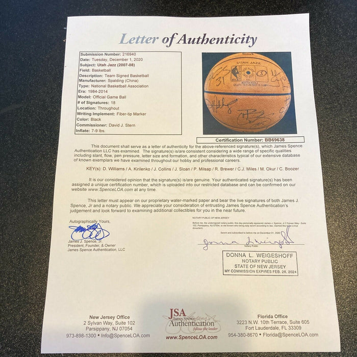 2007-08 Utah Jazz Team Signed Game Used Official NBA Game Basketball JSA COA