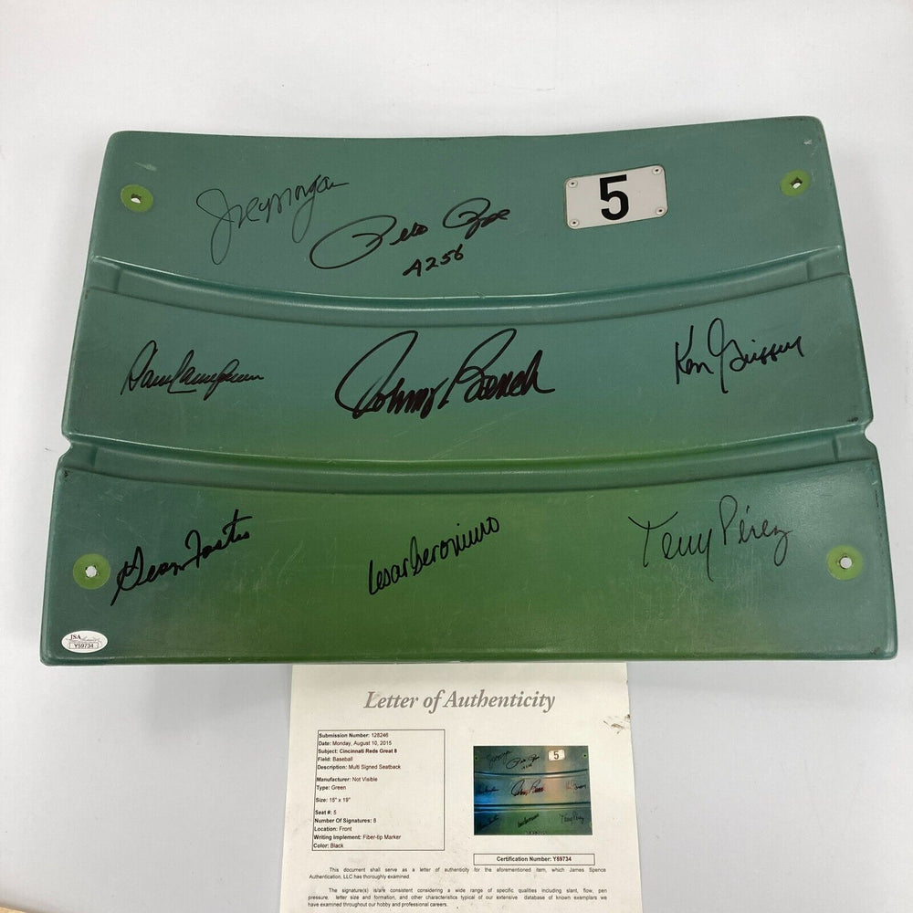 Pete Rose Johnny Bench "Great 8" Big Red Machine Signed Game Used Seatback JSA