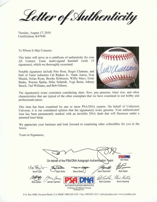 All Century Team Signed Baseball Ted Williams Willie Mays Hank Aaron PSA DNA
