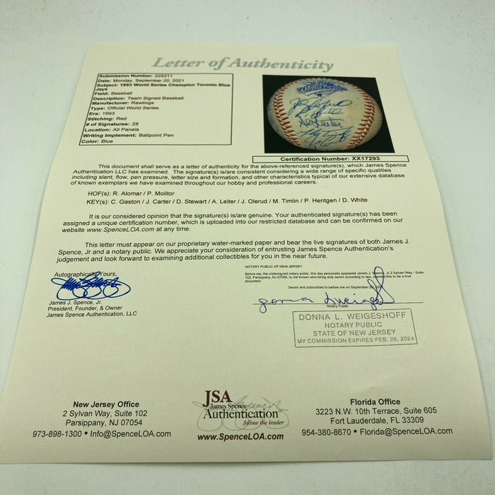 1993 Toronto Blue Jays World Series Champs Team Signed Baseball JSA COA