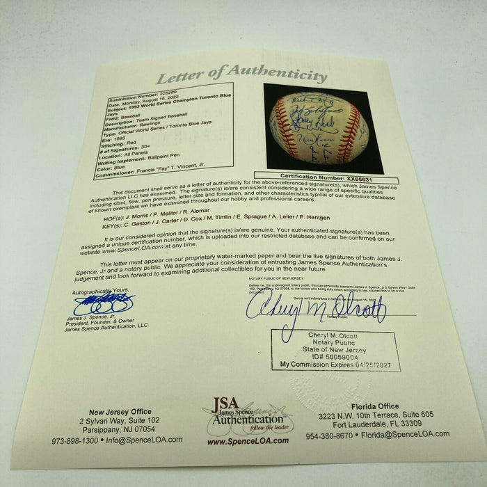 1993 Toronto Blue Jays World Series Champs Team Signed W.S. Baseball JSA COA