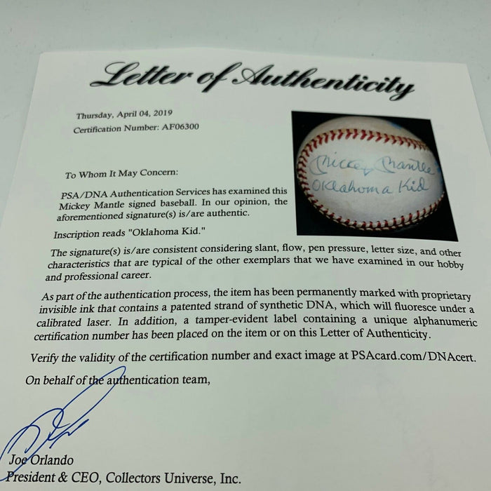 Mickey Mantle "Oklahoma Kid" Single Signed Inscribed Baseball PSA DNA COA