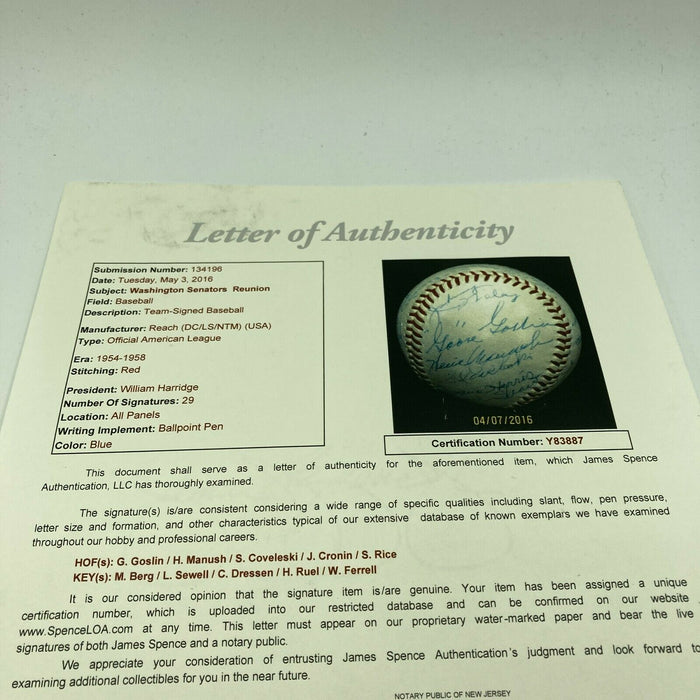 Moe Berg Goose Goslin Sam Rice Washington Senators Legends Signed Baseball PSA
