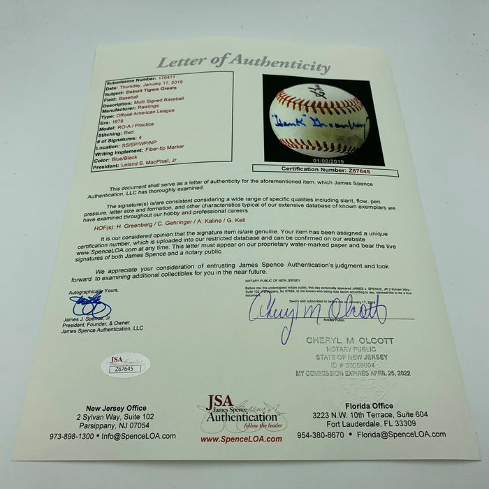 Hank Greenberg Al Kaline Gehringer Detroit Tigers Greats Signed Baseball JSA COA