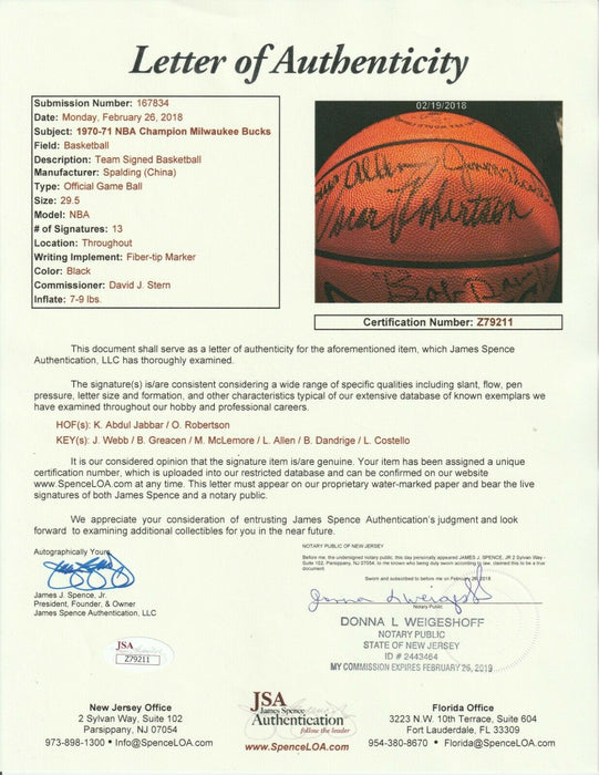 1970-71 Milwaukee Bucks NBA Champions Team Signed Official Basketball JSA COA