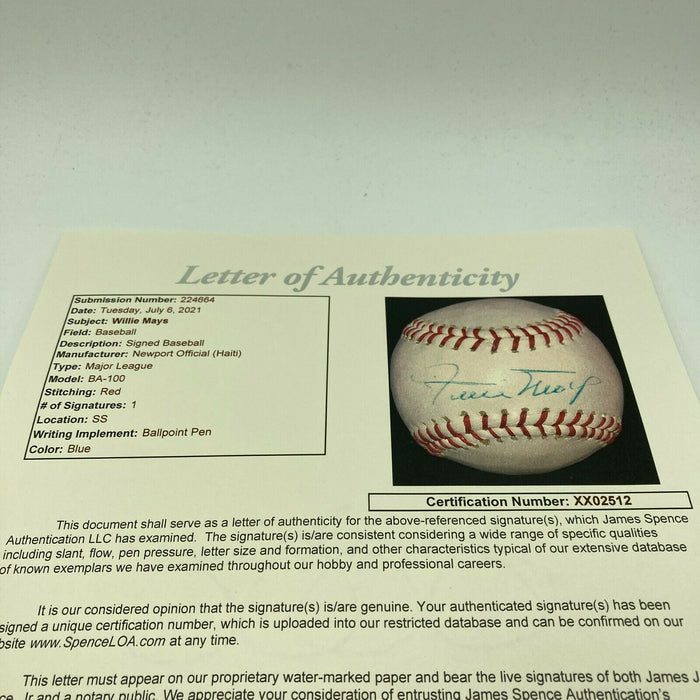 Beautiful Willie Mays Signed Autographed Major League Baseball JSA COA