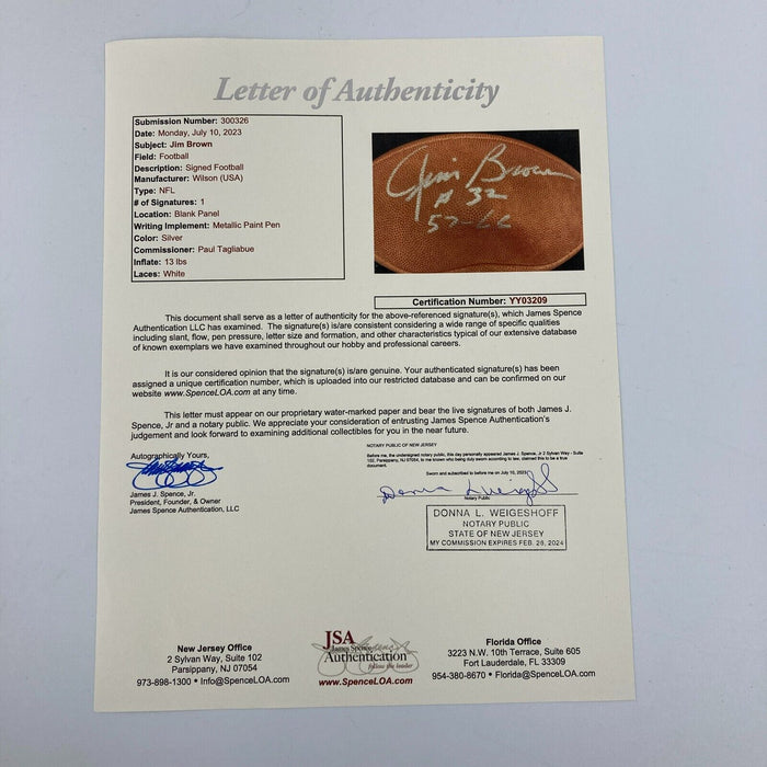 Jim Brown "#32, 1957-1965" Signed Official Wilson Game Football JSA COA