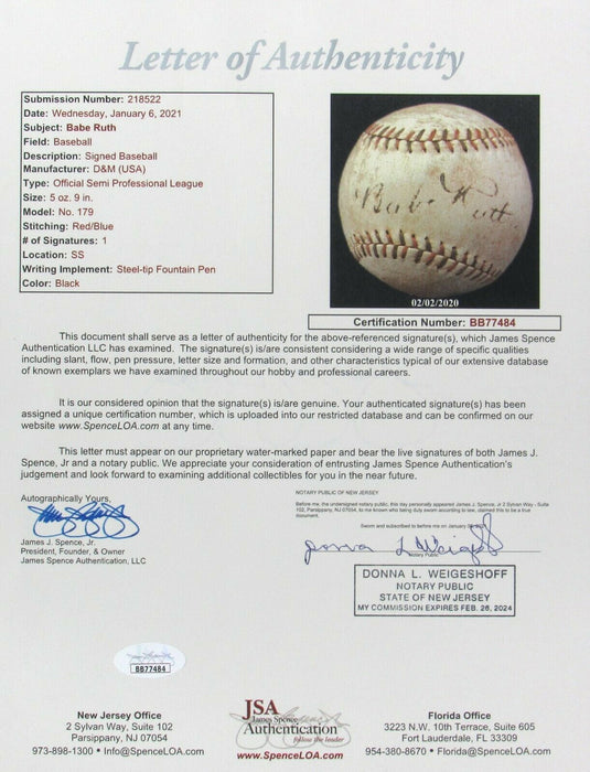 Babe Ruth Single Signed Autographed 1920's Baseball With JSA COA