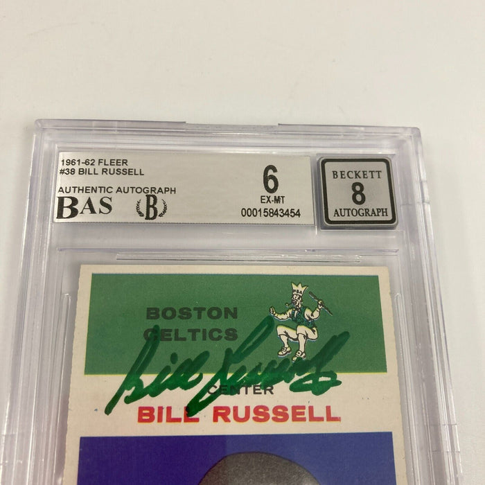 1961-62 Fleer #38 Bill Russell Signed Card BGS EX-MT 6, Beckett 8 Auto
