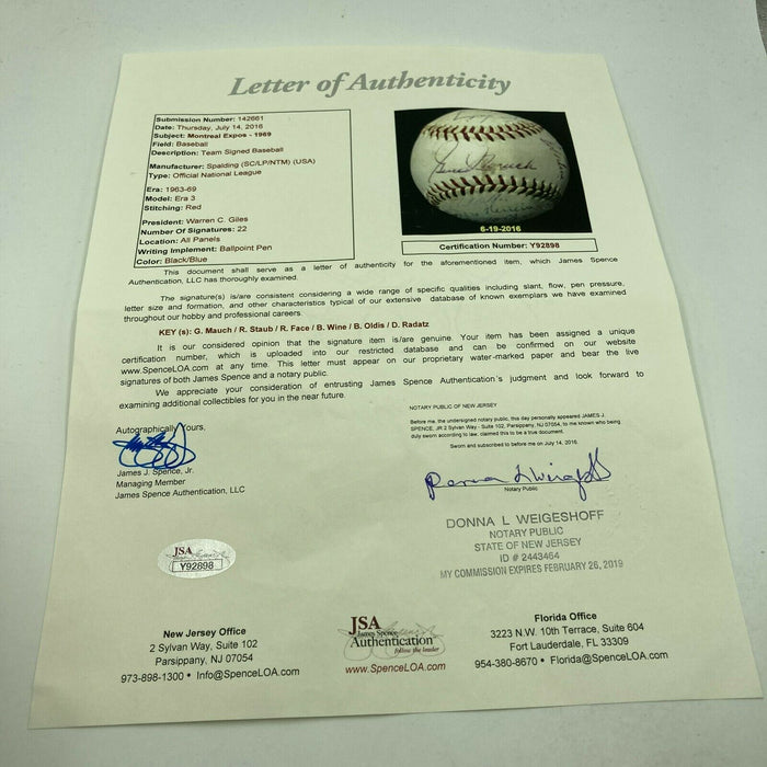 1969 Montreal Expos Inaugural Season Team Signed National League Baseball JSA
