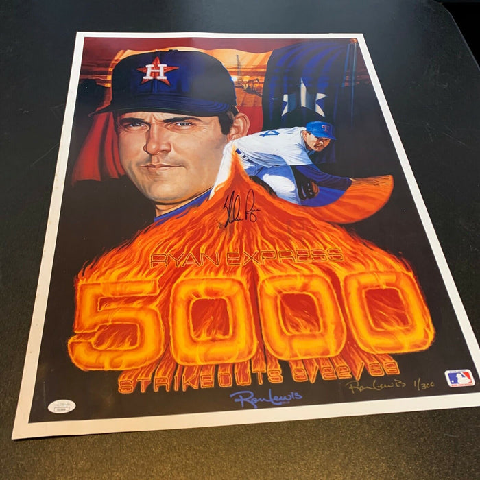 Nolan Ryan Signed 19x25 Large 5,000 Strikeout Ron Lewis Litho #1/300 JSA COA