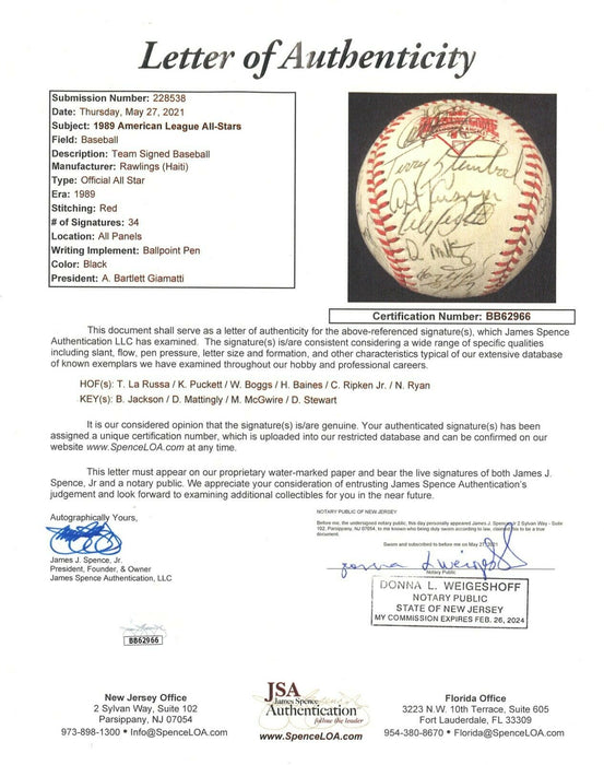 1989 All Star Game Team Signed Baseball Bo Jackson Kirby Puckett Ripken JSA COA