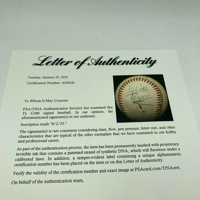 Beautiful Ty Cobb Single Signed 1955 American League Baseball PSA DNA COA